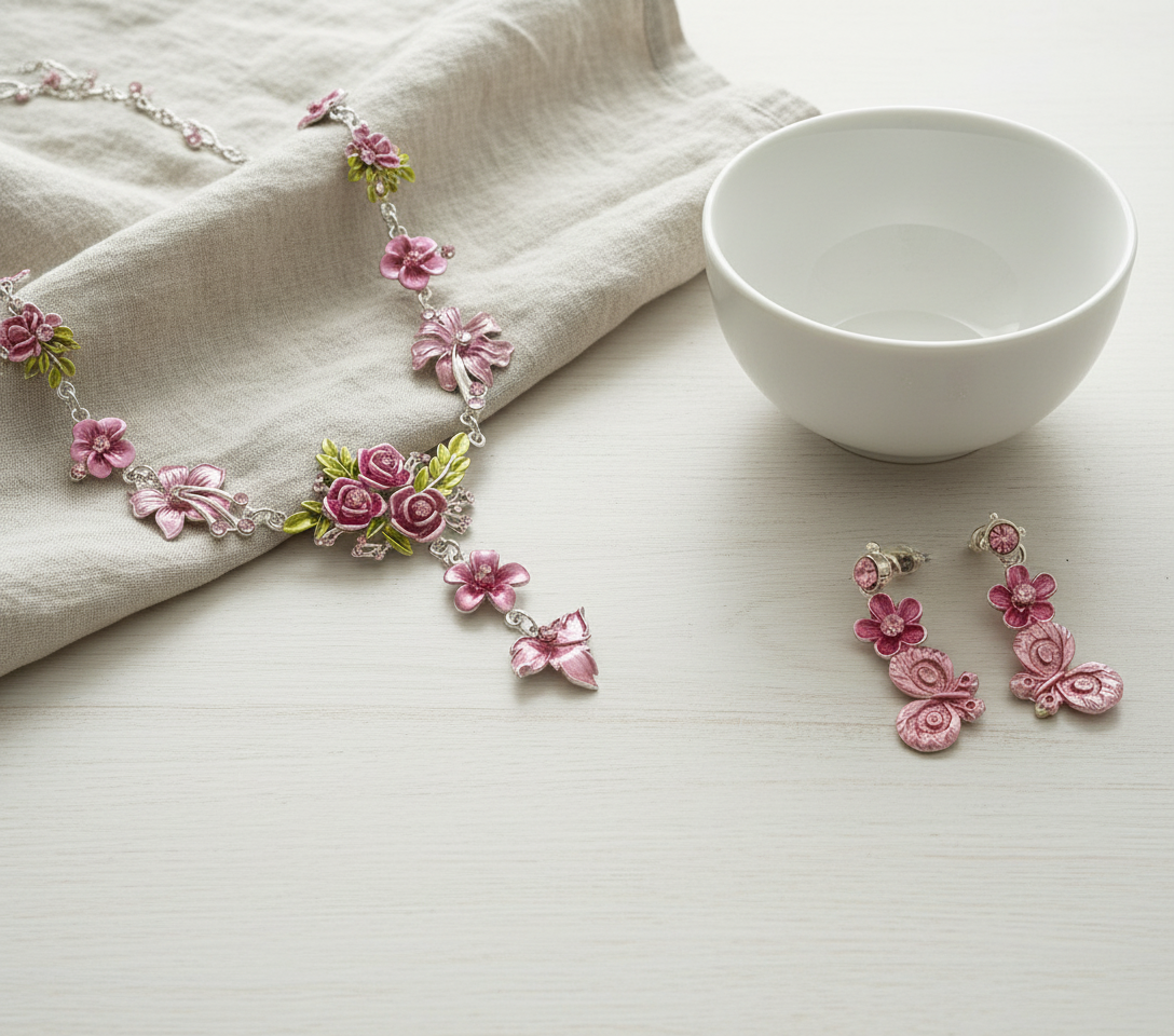 Parure en émail avec fleurs et feuilles, choisissez votre couleur rose nacrelune.com parure