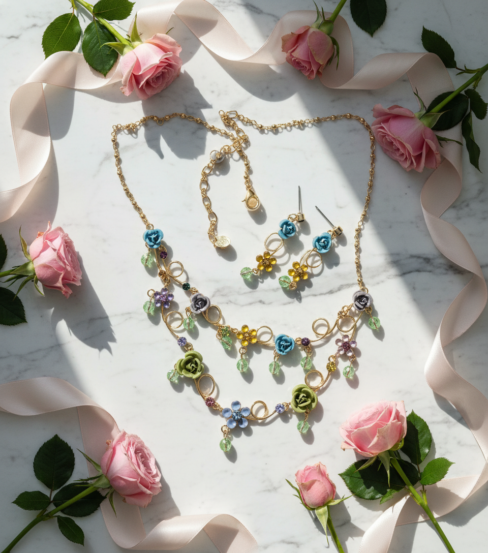 Parure en strass colorés avec petites roses nacrelune.com parure