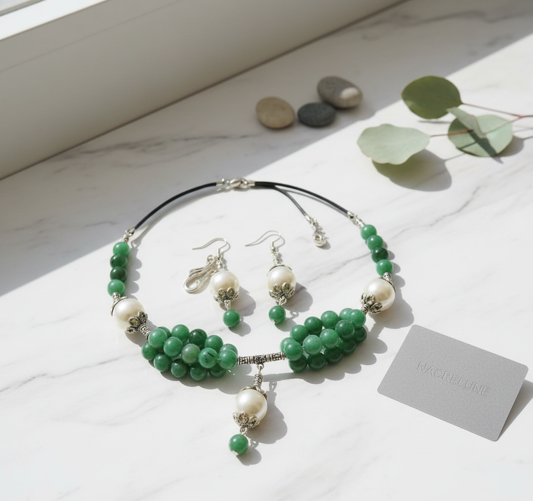 Parure perles de nacre et jade vert nacrelune.com parure