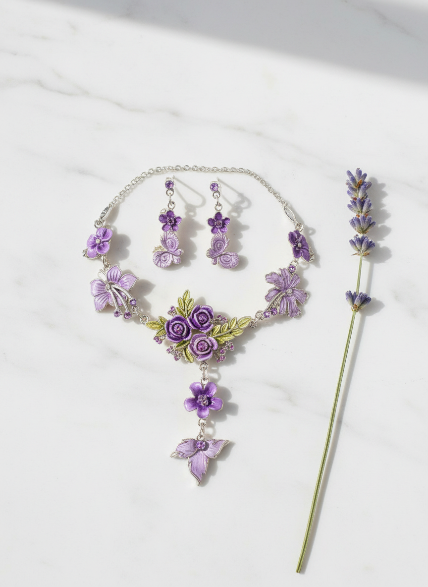 Parure en émail avec fleurs et feuilles, choisissez votre couleur Violet nacrelune.com parure