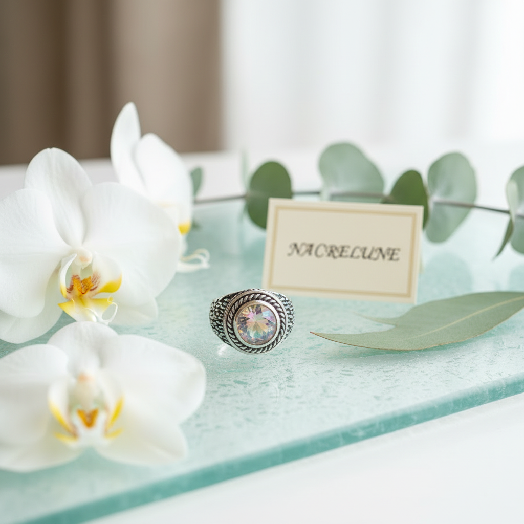 Bague en argent 925 avec topaze traitée mystique multicolore nacrelune.com Bague