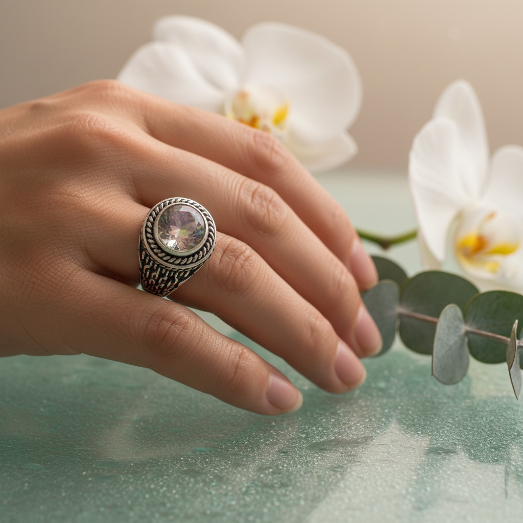 Bague en argent 925 avec topaze traitée mystique multicolore nacrelune.com Bague