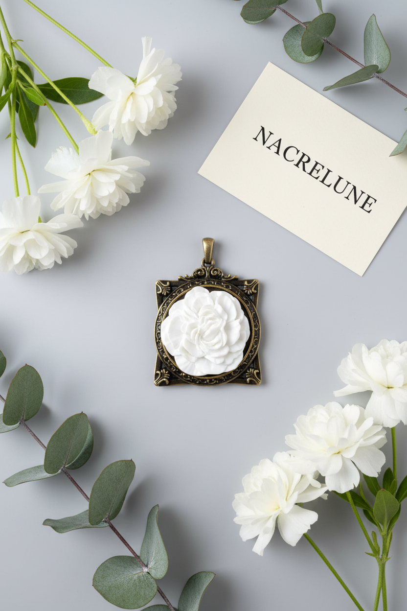 Pendentif cadre avec fleur, choisissez votre couleur Blanc nacrelune.com pendentif
