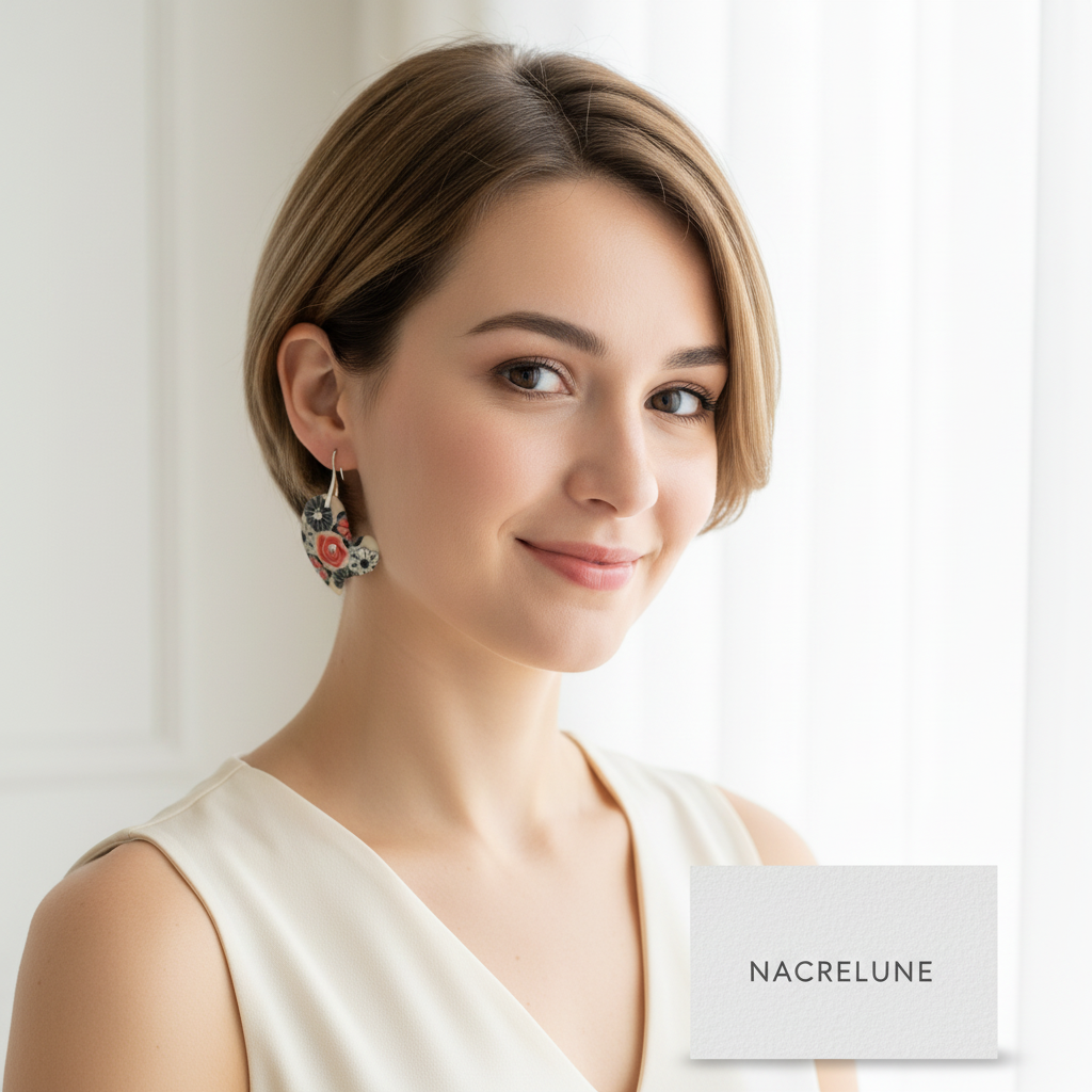 Woman wearing decorated acrylic earrings - bright lifestyle