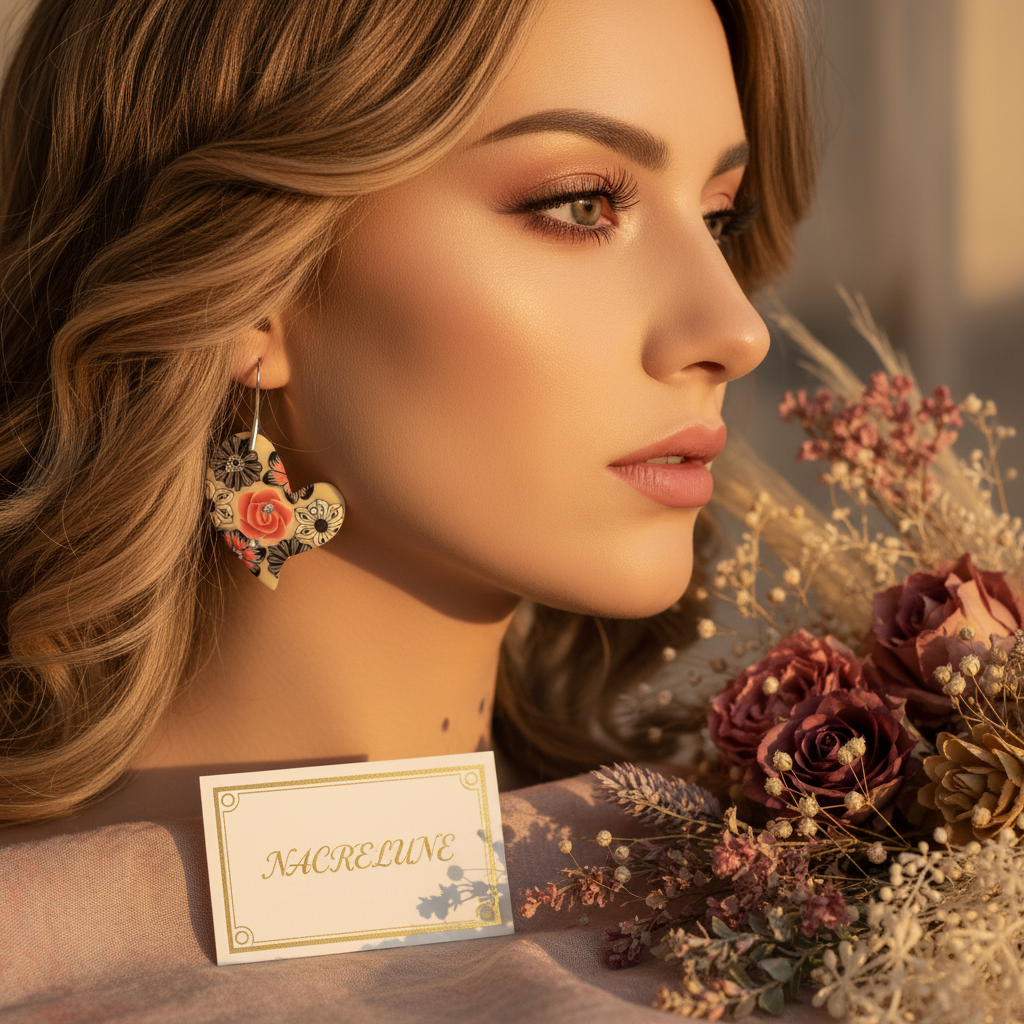 Woman wearing decorated acrylic earrings - vintage styling