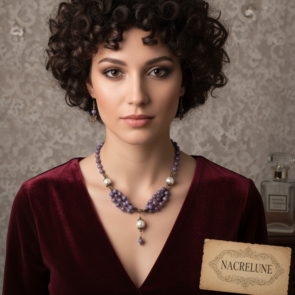 Parure en perles de jades mauves et perles de nacre nacrelune.com parure