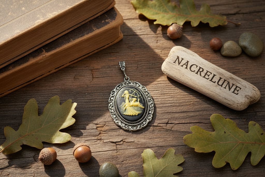 Grand pendentif camée représentant la déesse Diane auprès d’une biche. Couleur à choisir nacrelune.com pendentif