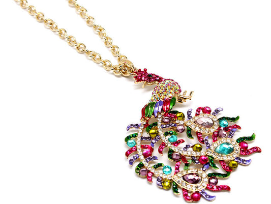 Collier pendentif paon strass multicolore (couleur dorée)