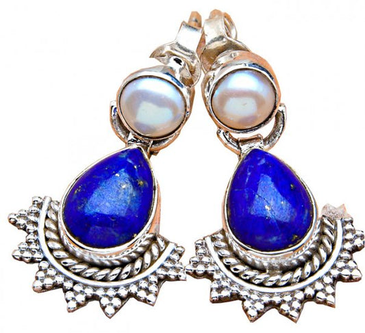 Boucles d'oreille argent avec lapis lazuli et perles
