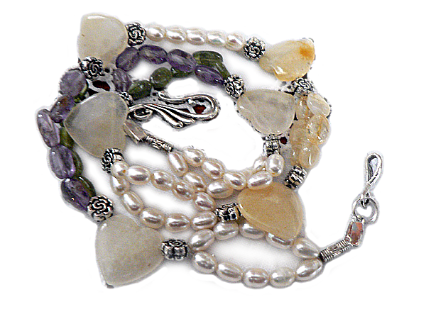 collier perles de culture avec améthystes peridots et citrines