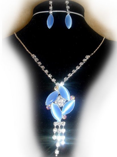 Parure strass ensemble losange oeil de chat bleu